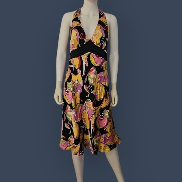 Robbie Bee Dresses & Skirts - Vtg ROBBIE BEE Vibrant Multicolor Floral Mod Satin Halter Silk Dress